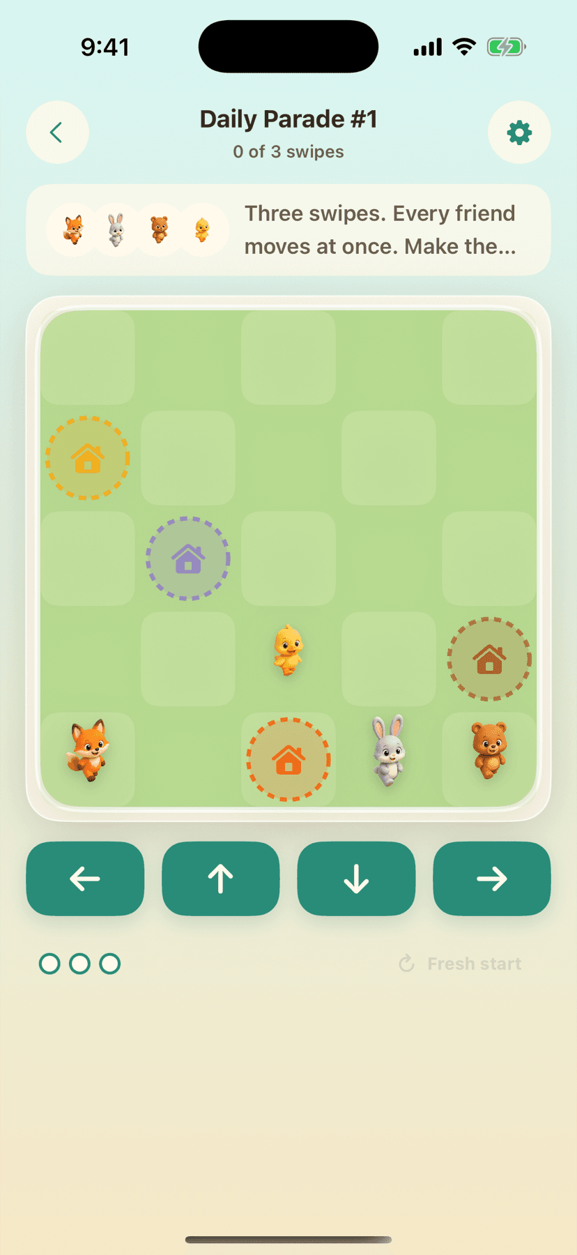 Home We Go Daily Parade board with four animal friends and their matching homes