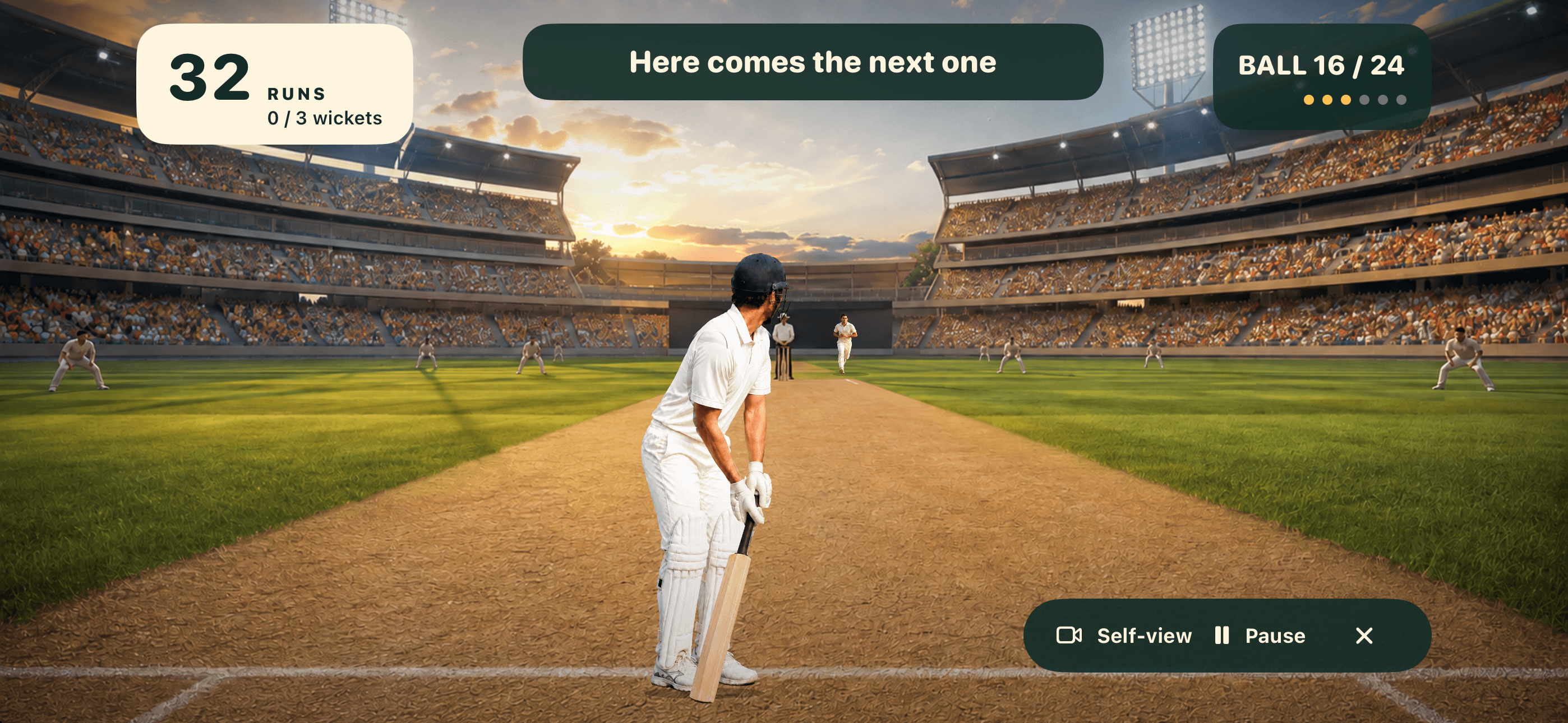 Rallycade cricket stadium with batter, delivery timing, and innings scoreboard